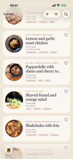 The recipe box in Scappi on iPhone, listing saved recipes with their photos